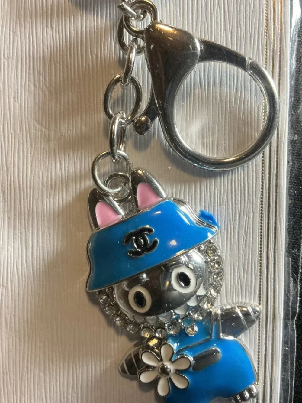 ★ Blue Rhinestone Cat Character Keychain Purse Bag Charm Silver Tone